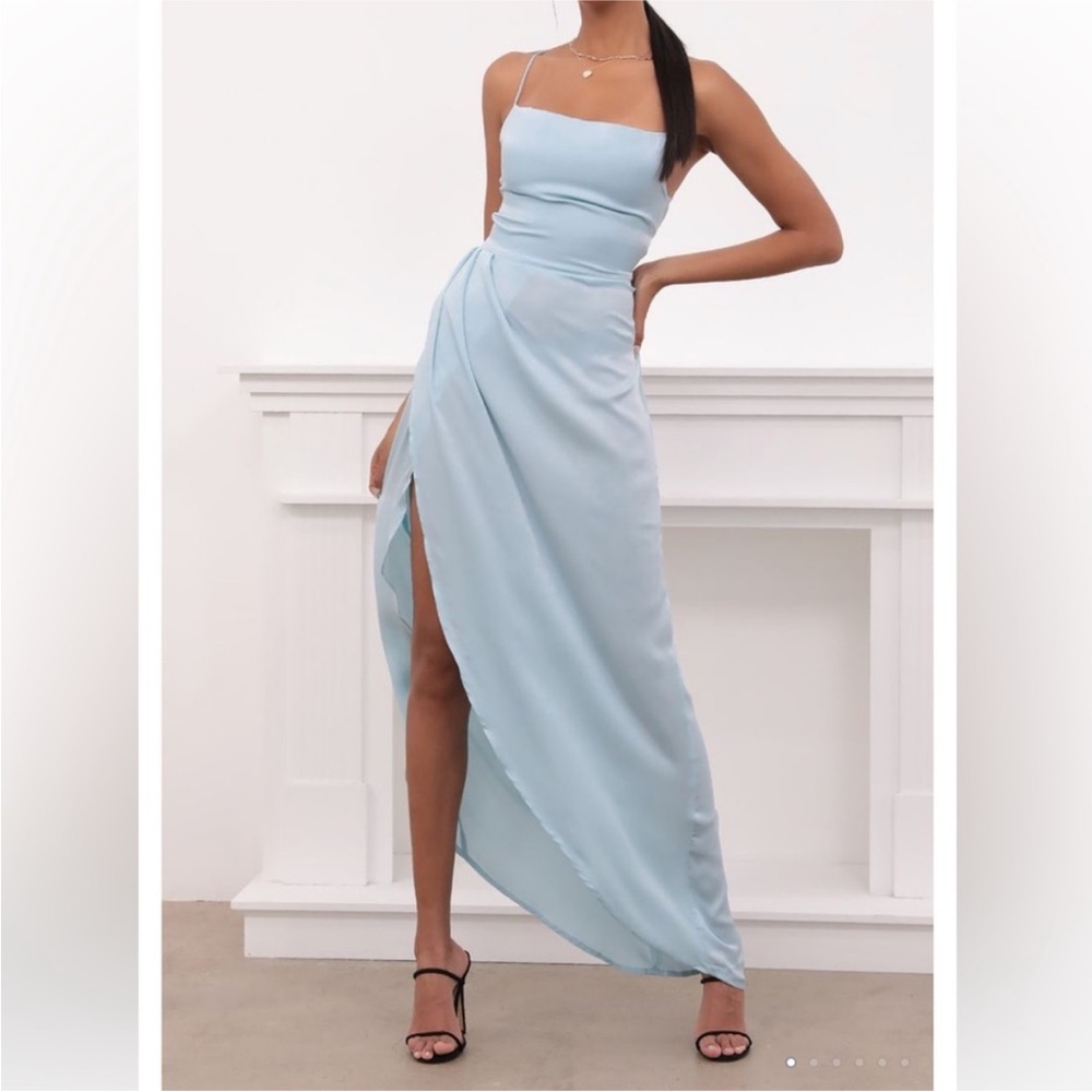 Lucy in the Sky Powder Blue Midi Slip Dress with Side Slit
